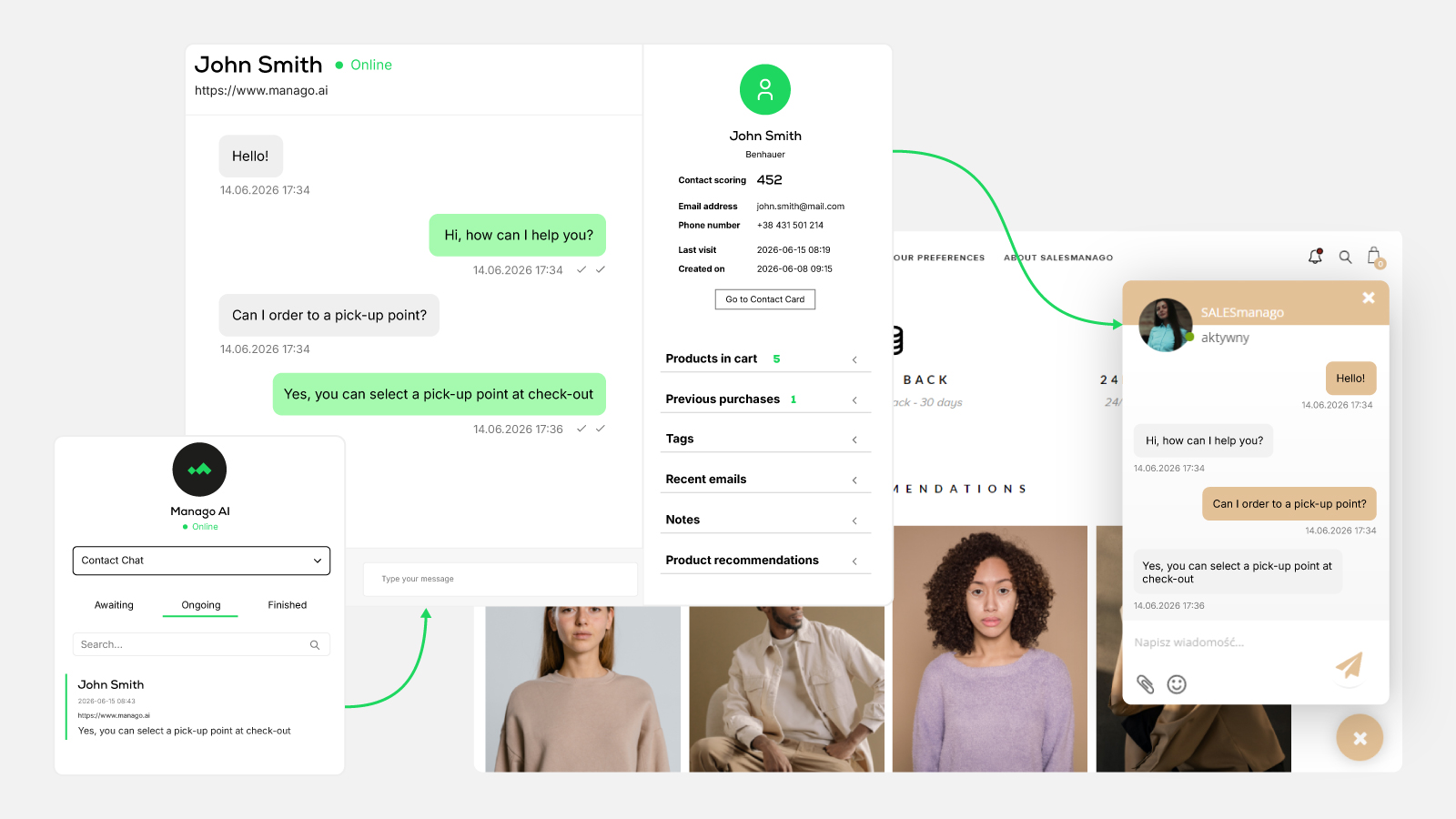 Manago AI live chat interface connected to customer profile insights, purchase history, and website activity data for more relevant customer conversations