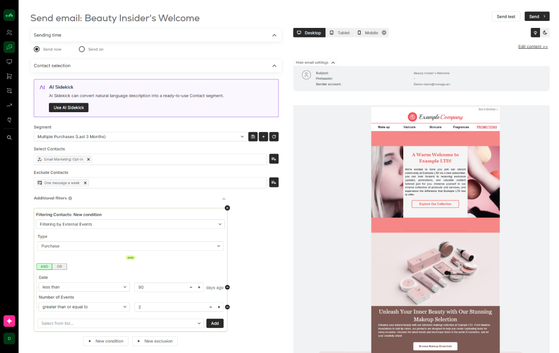 Manago AI customer data management view showing unified audience segments built from behavioural, transactional, and engagement data for marketing automation
