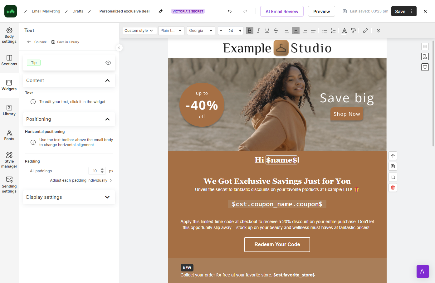 Manago AI personalised campaign preview showing dynamic customer data, product recommendations, and behaviour-based content variations across messages