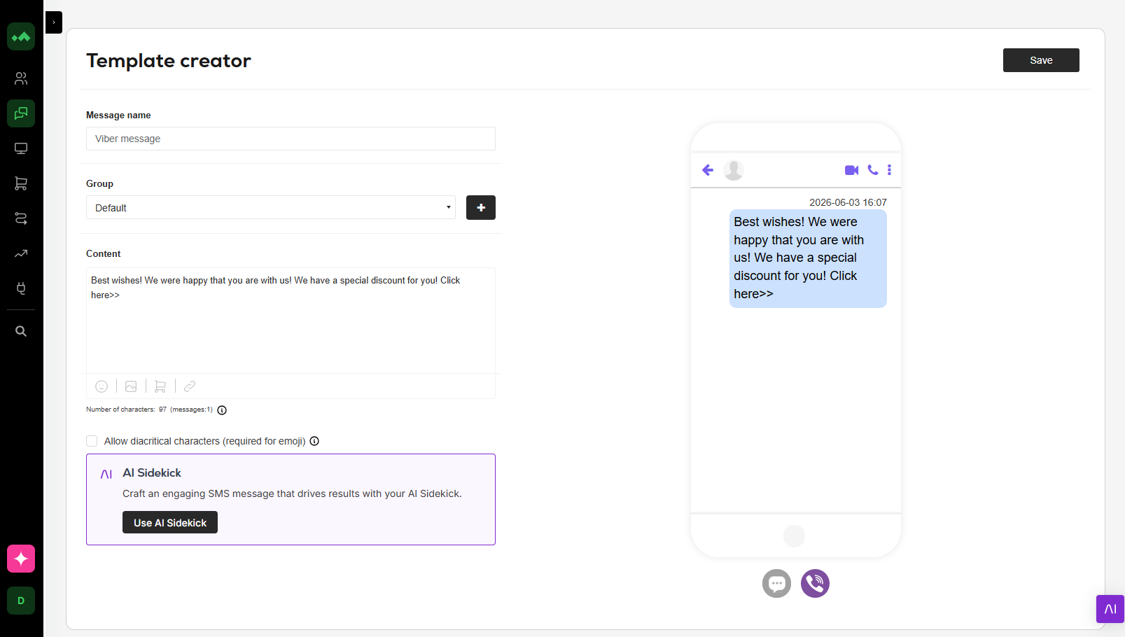 Manago AI Viber message template showing personalised promotions and notifications configured within an omnichannel customer journey workflow