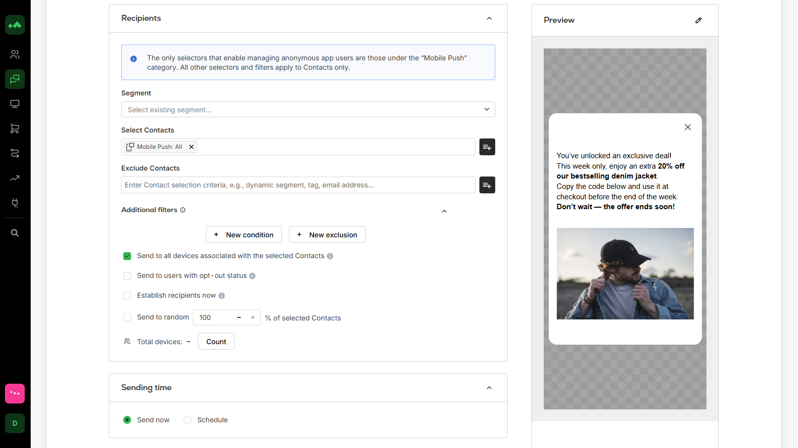 Manago AI in-app notification editor displaying personalised messages, promotions, and announcements within a mobile application interface