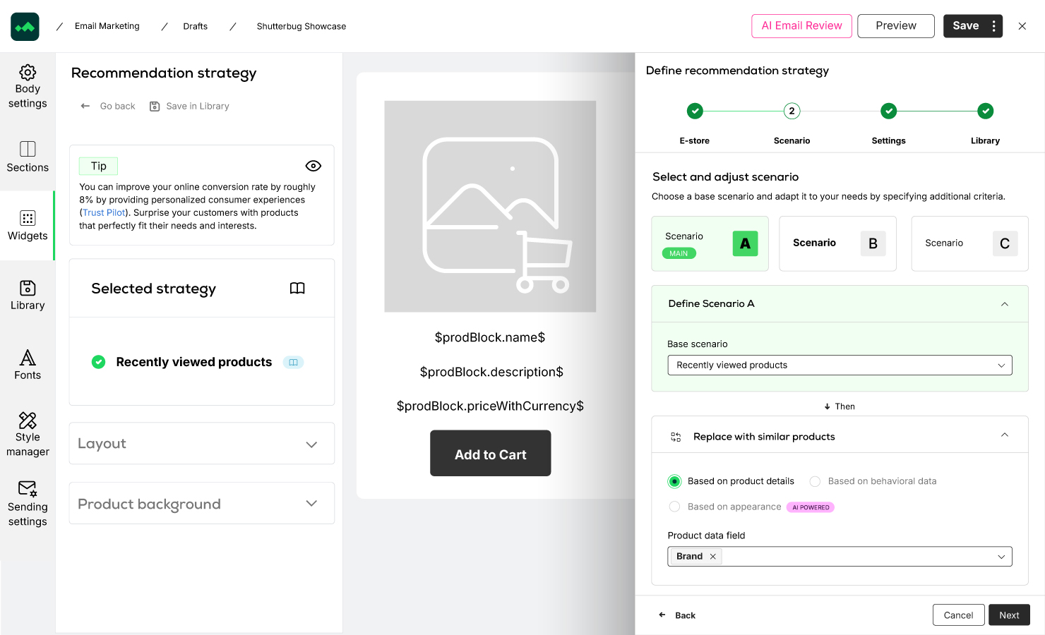 Manago AI website pop-up personalisation showing different targeted content for various customer segments based on behaviour, profile data, and purchase history